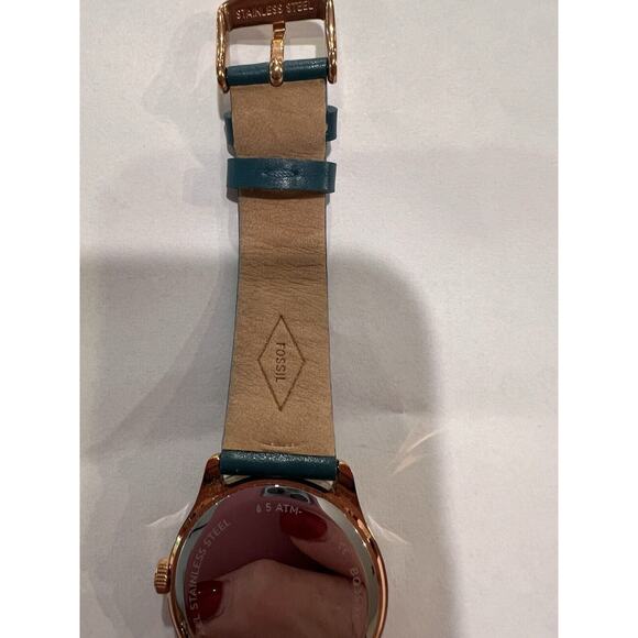 Fossil Adalyn Three Hand Date Ladies Watch Teal Leather Band Rose Gold Dial - Picture 4 of 7